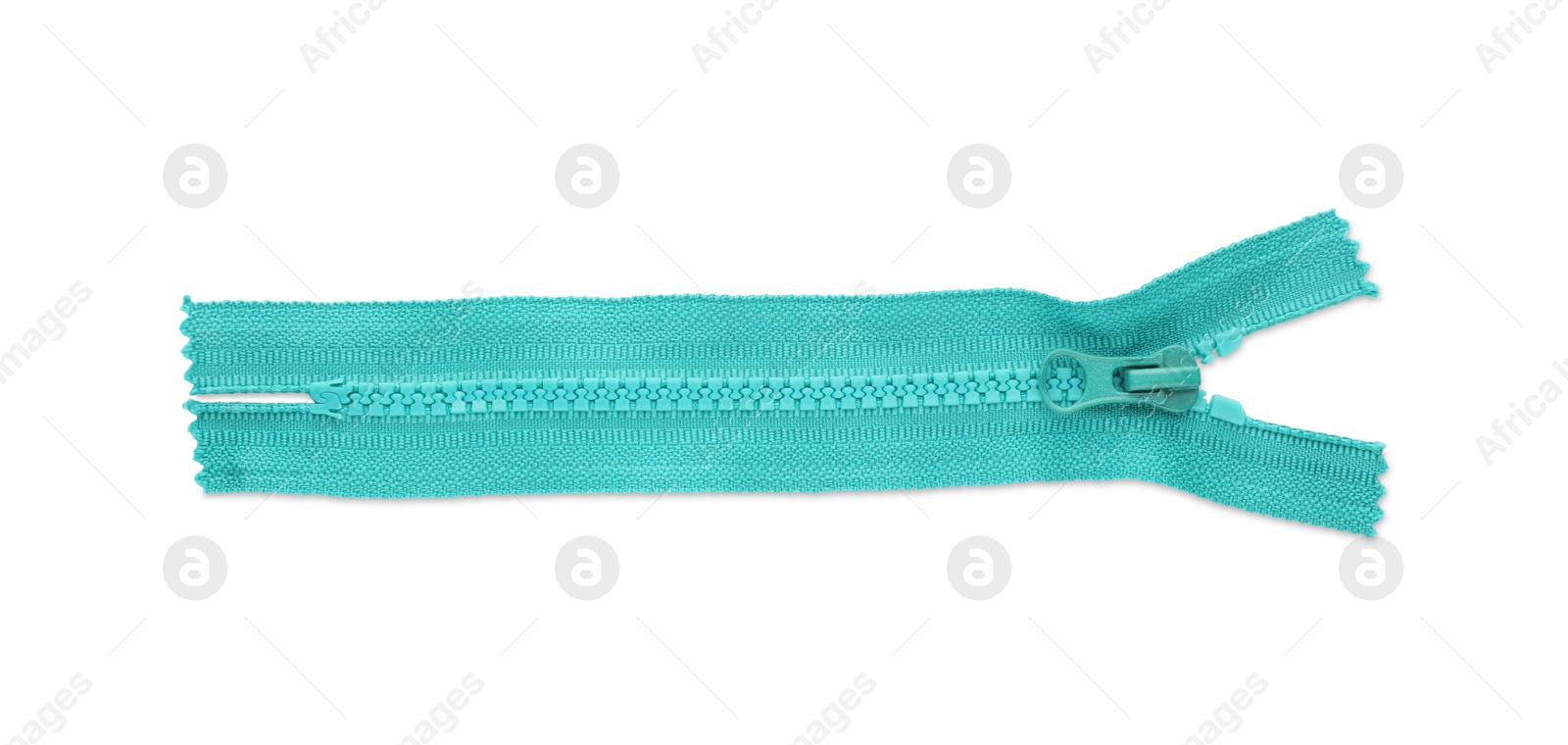 Photo of Turquoise zipper isolated on white, top view