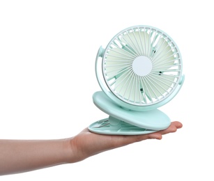 Photo of Woman with portable fan on white background, closeup. Summer heat