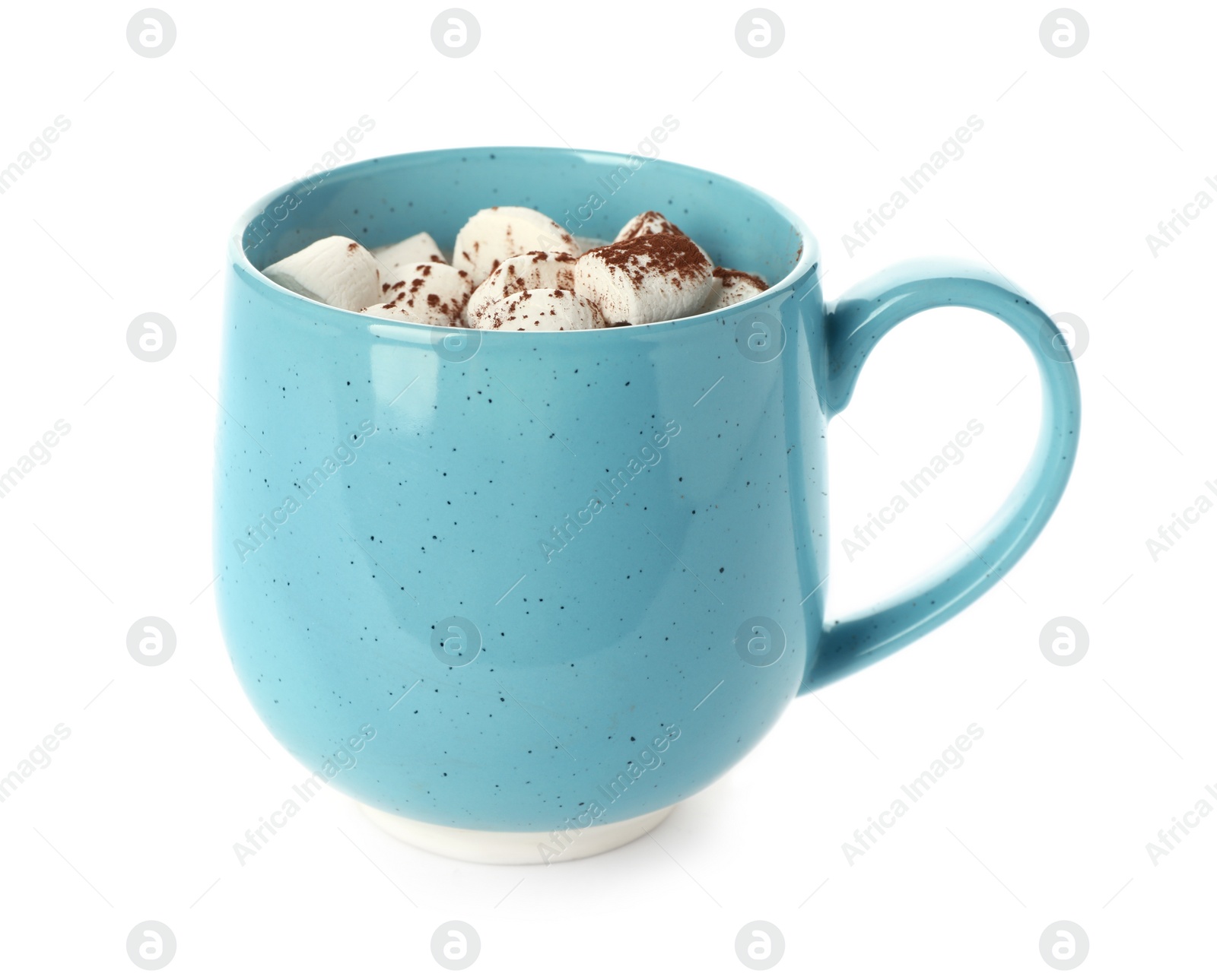 Photo of Cup of chocolate milk with marshmallows isolated on white