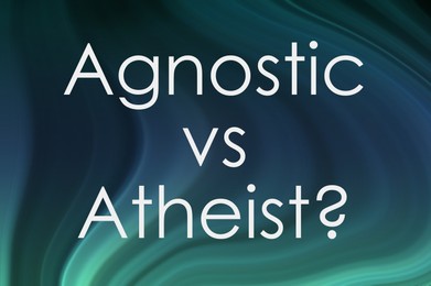 Illustration of Text Agnostic Vs Atheist and question mark on stained color background