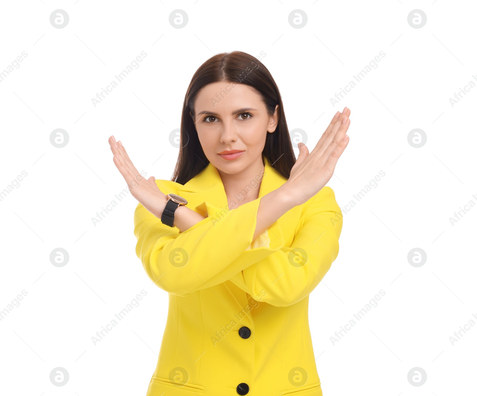 Photo of Beautiful businesswoman in yellow suit on white background