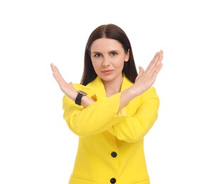 Photo of Beautiful businesswoman in yellow suit on white background