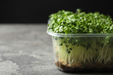 Photo of Sprouted arugula seeds in plastic container on grey table, closeup. Space for text