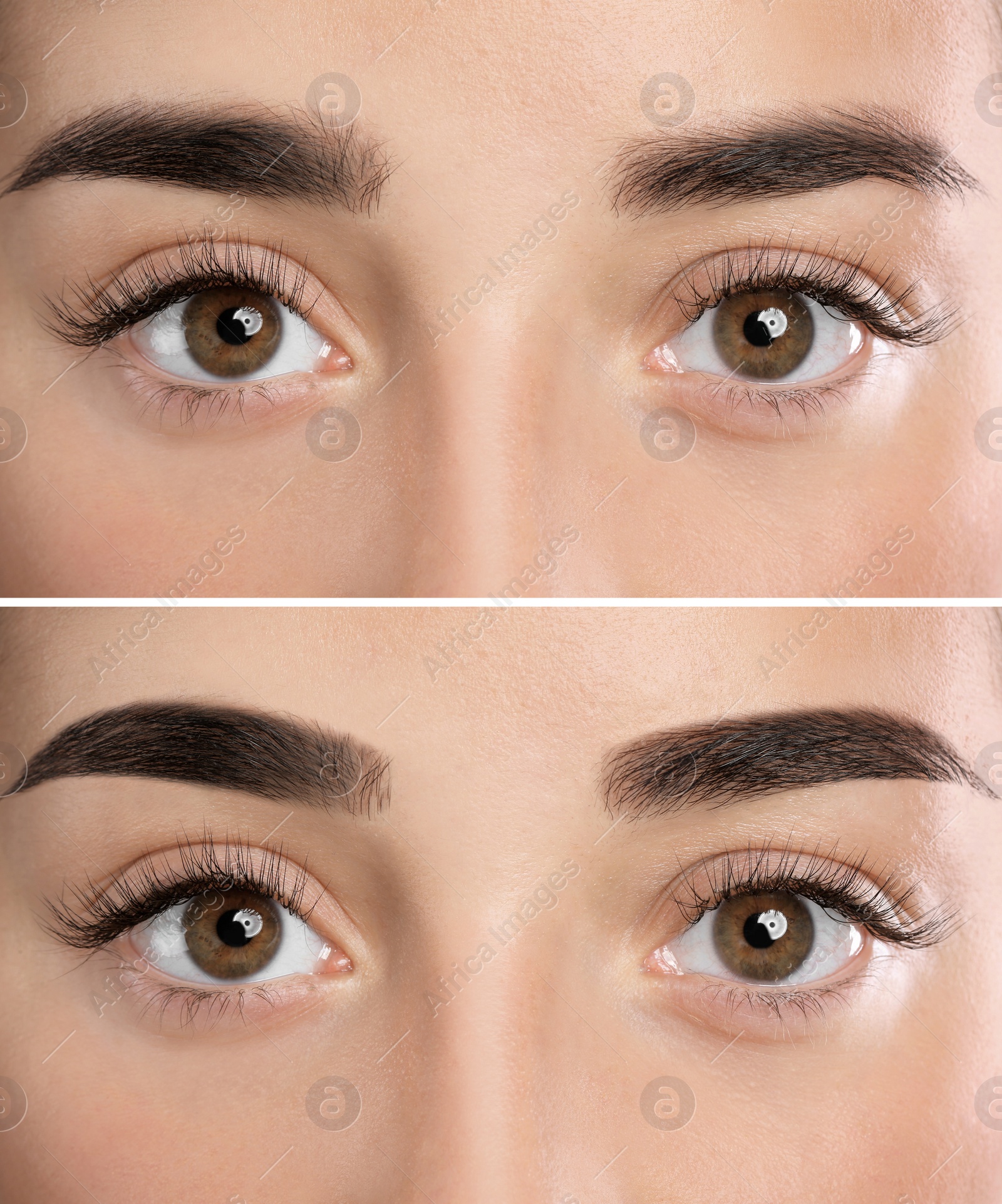 Image of Woman before and after eyebrow correction, closeup