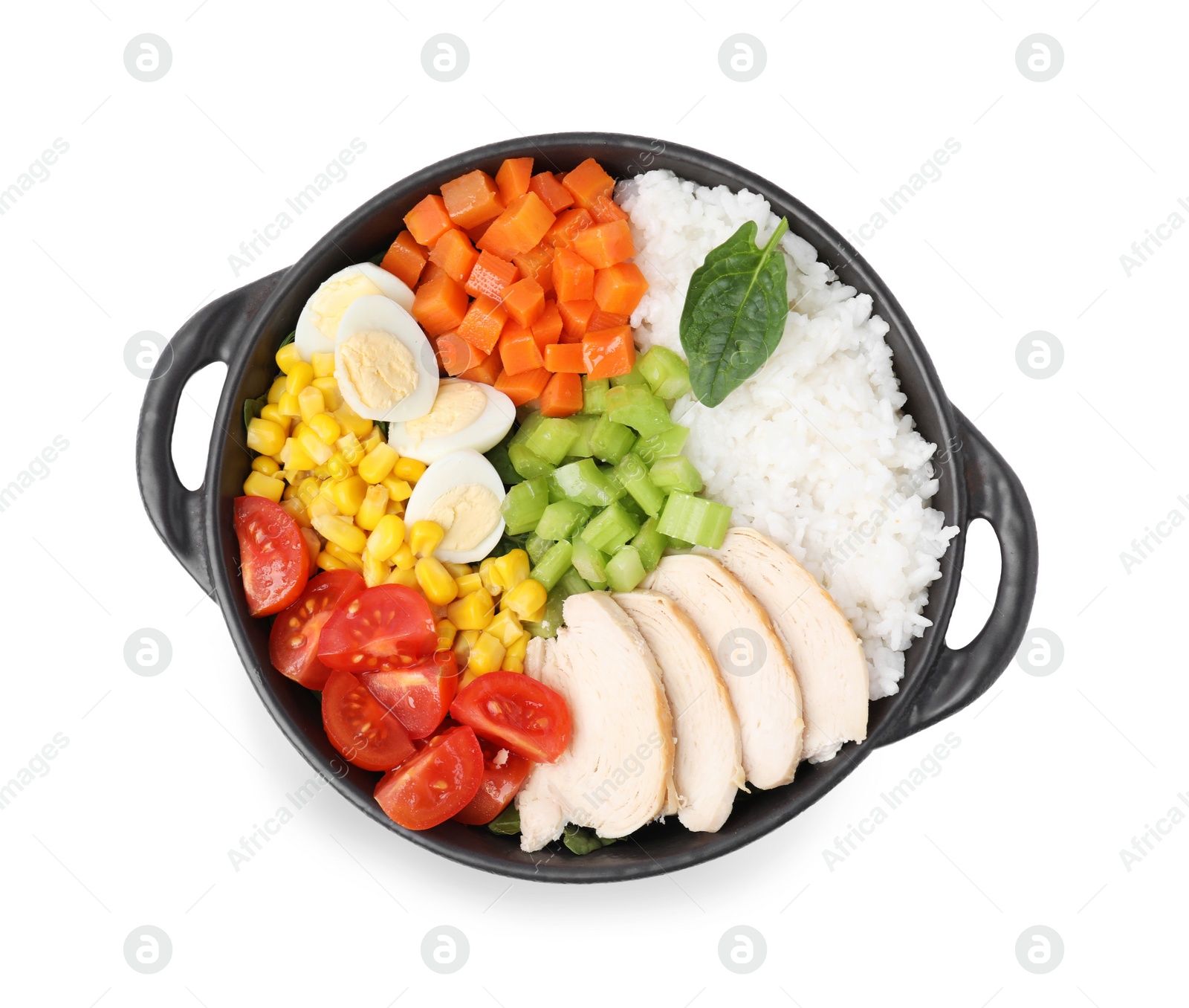 Photo of Delicious poke bowl with meat, egg, rice and vegetables isolated on white, top view