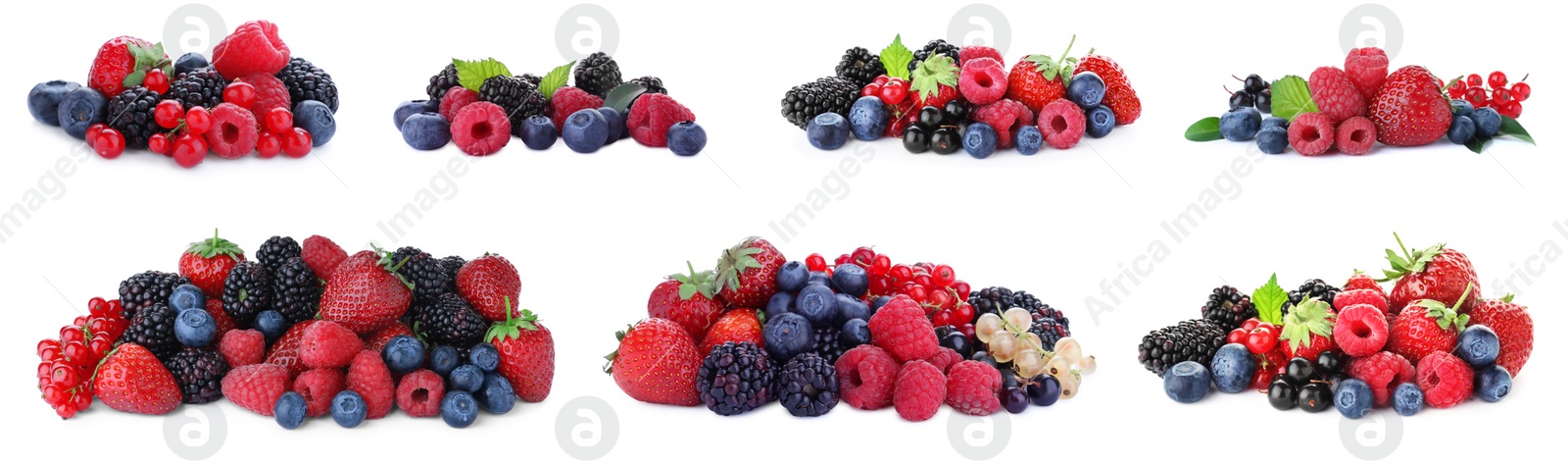 Image of Set of different mixed berries on white background, banner design 