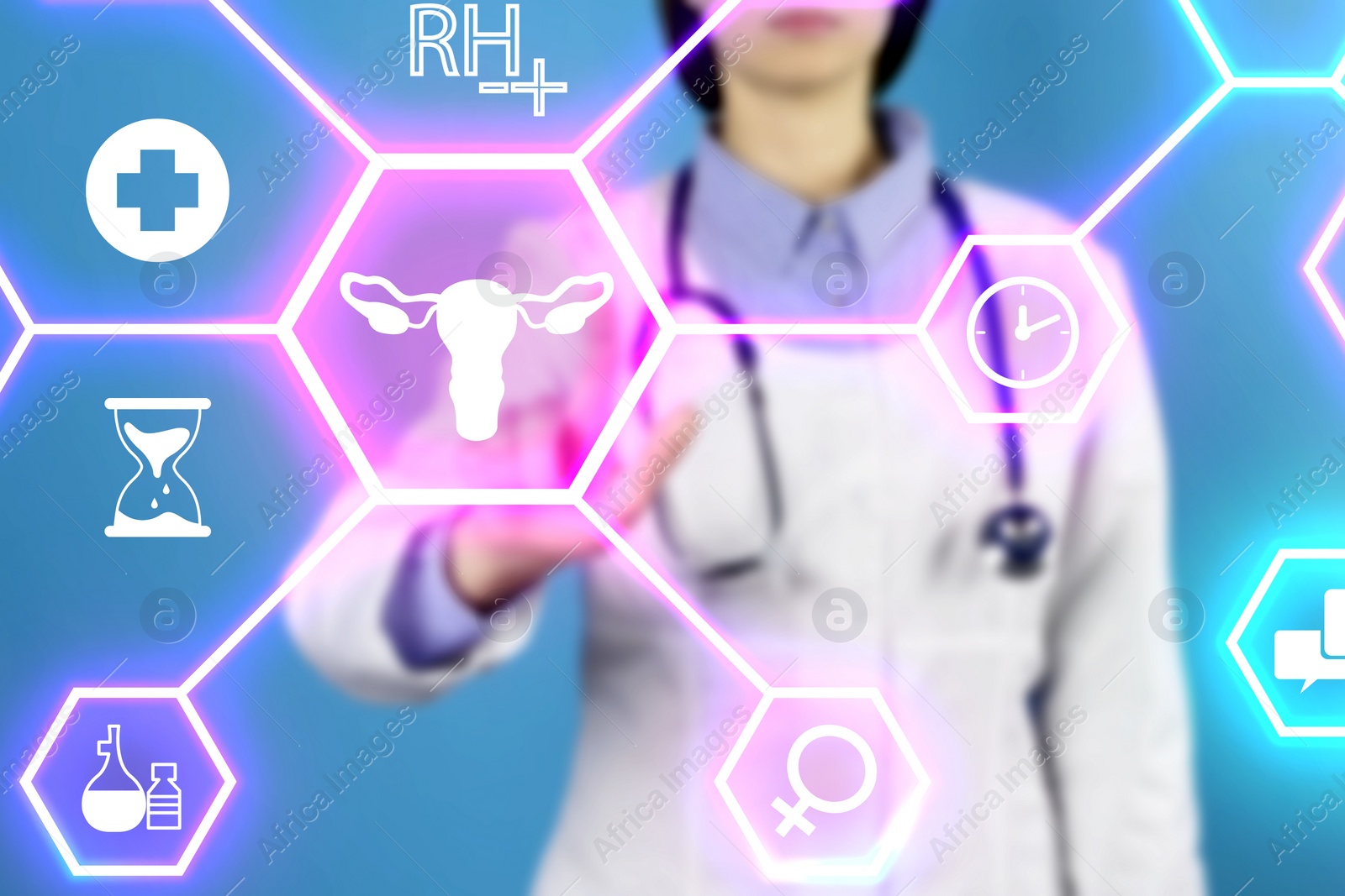 Image of Menopause concept. Doctor touching uterus icon on digital screen against blue background, closeup