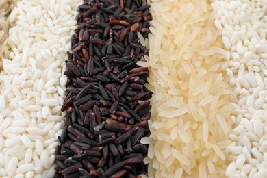 Different sorts of rice as background, closeup