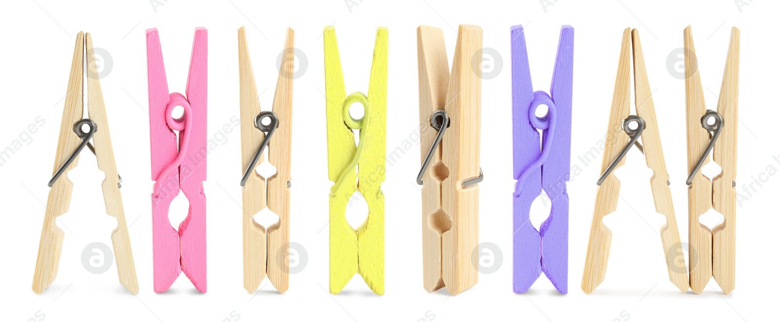 Image of Set with wooden clothespins on white background. Banner design