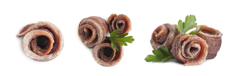 Image of Set with delicious rolled anchovy fillets on white background. Banner design