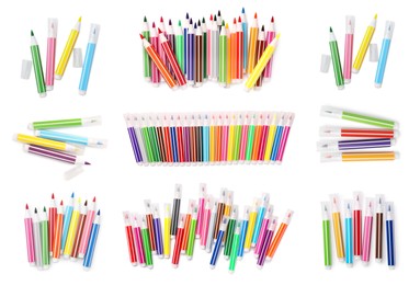 Image of Collage of many colorful felt tip pens on white background, top view