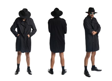 Image of Collage with photos of exhibitionist in coat and hat on white background
