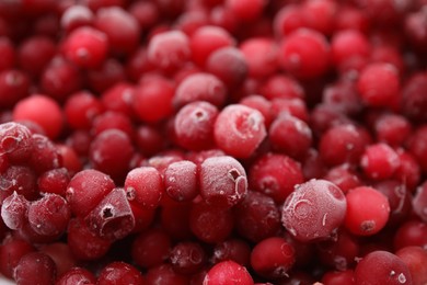 Frozen red cranberries as background, closeup view