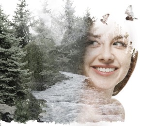 Double exposure of pretty woman and mountain river near conifer forest. Beauty of nature