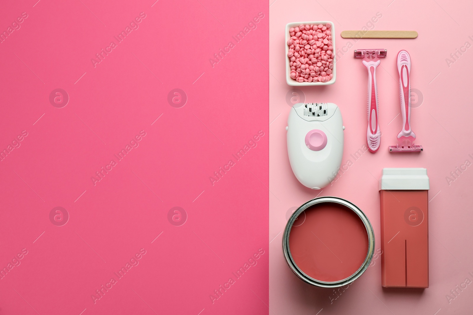 Photo of Set of epilation products on color background, flat lay. Space for text