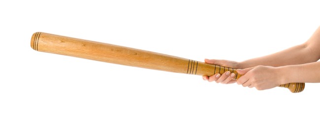 Photo of Woman holding baseball bat on white background, closeup