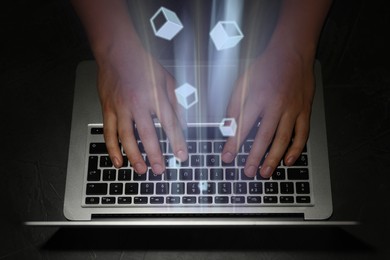 Image of Speed internet. Man using laptop, closeup. Motion blur effect symbolizing fast connection