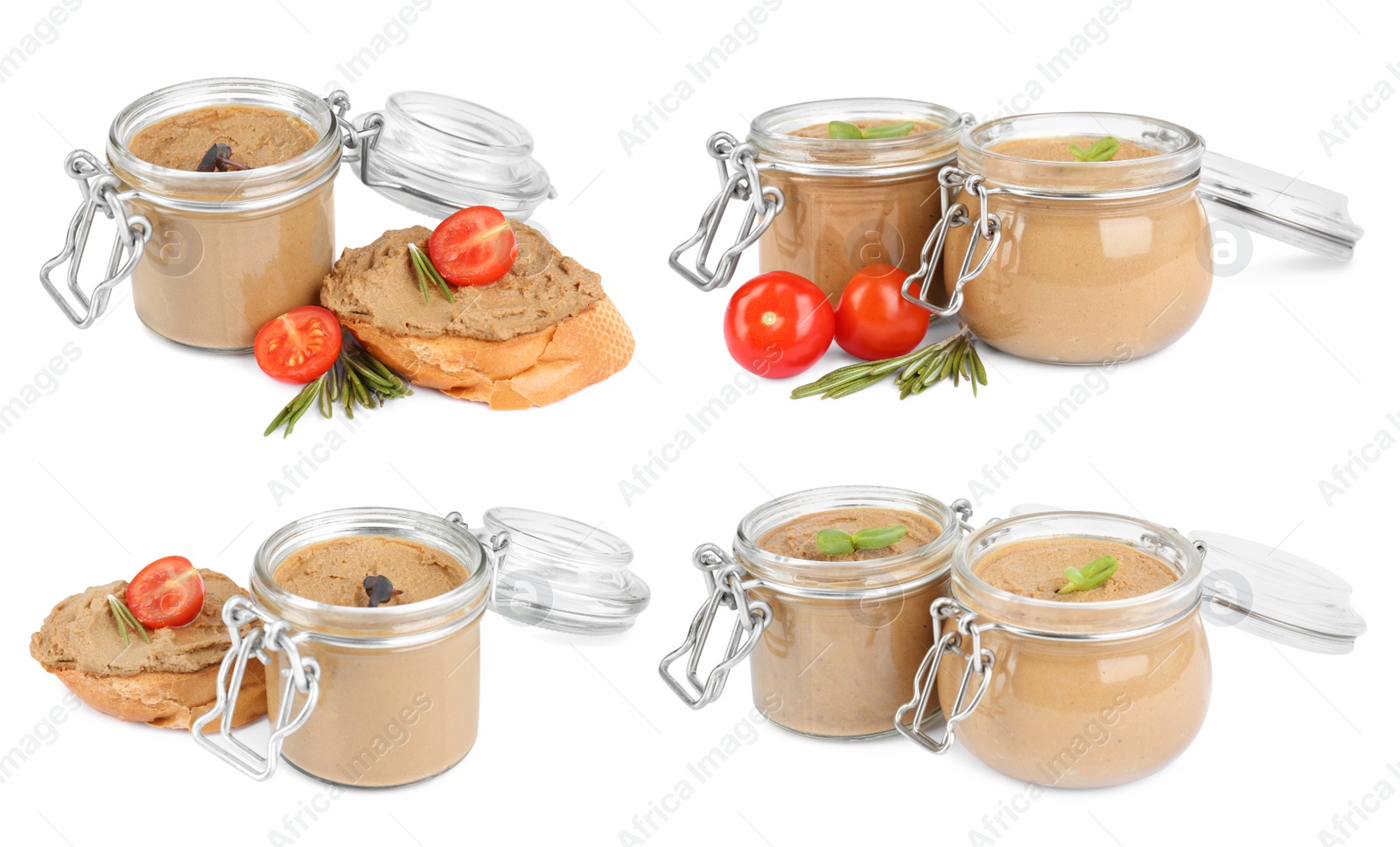 Image of Glass jars with delicious liver pate on white background, collage