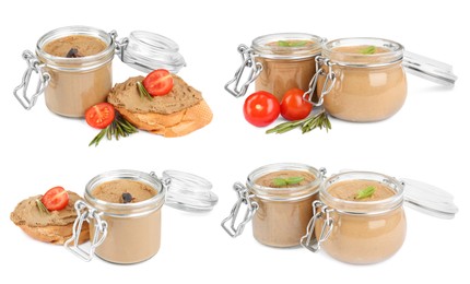 Image of Glass jars with delicious liver pate on white background, collage