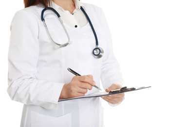 Photo of Closeup of female doctor with clipboard isolated on white. Medical staff