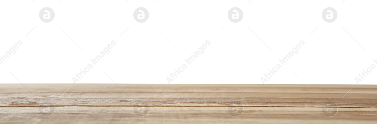 Photo of Empty wooden surface against white background. Mockup for design