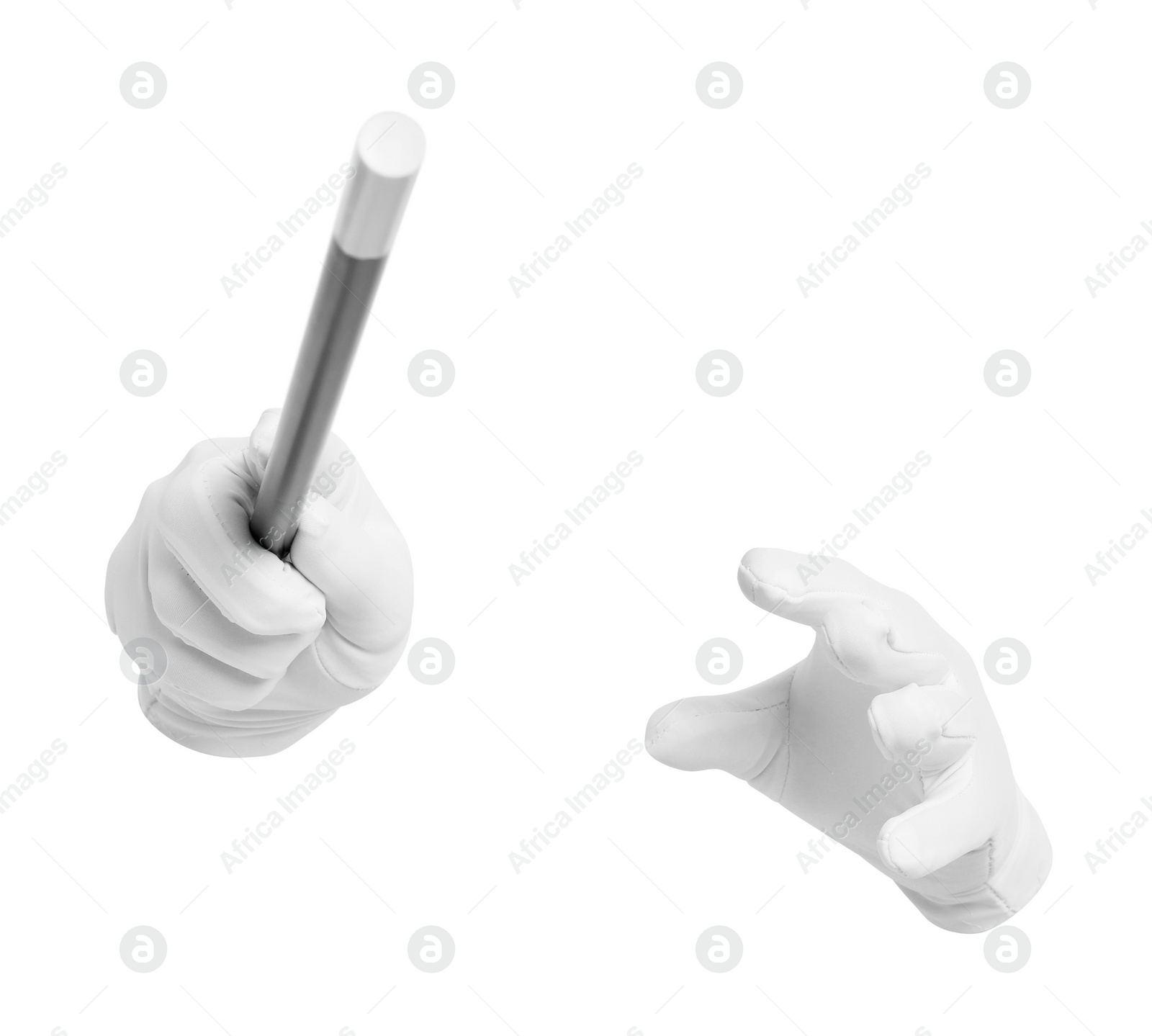 Photo of Magician with magic wand on white background, closeup