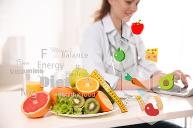 Nutritionist's recommendations. Doctor with healthy products at table, closeup