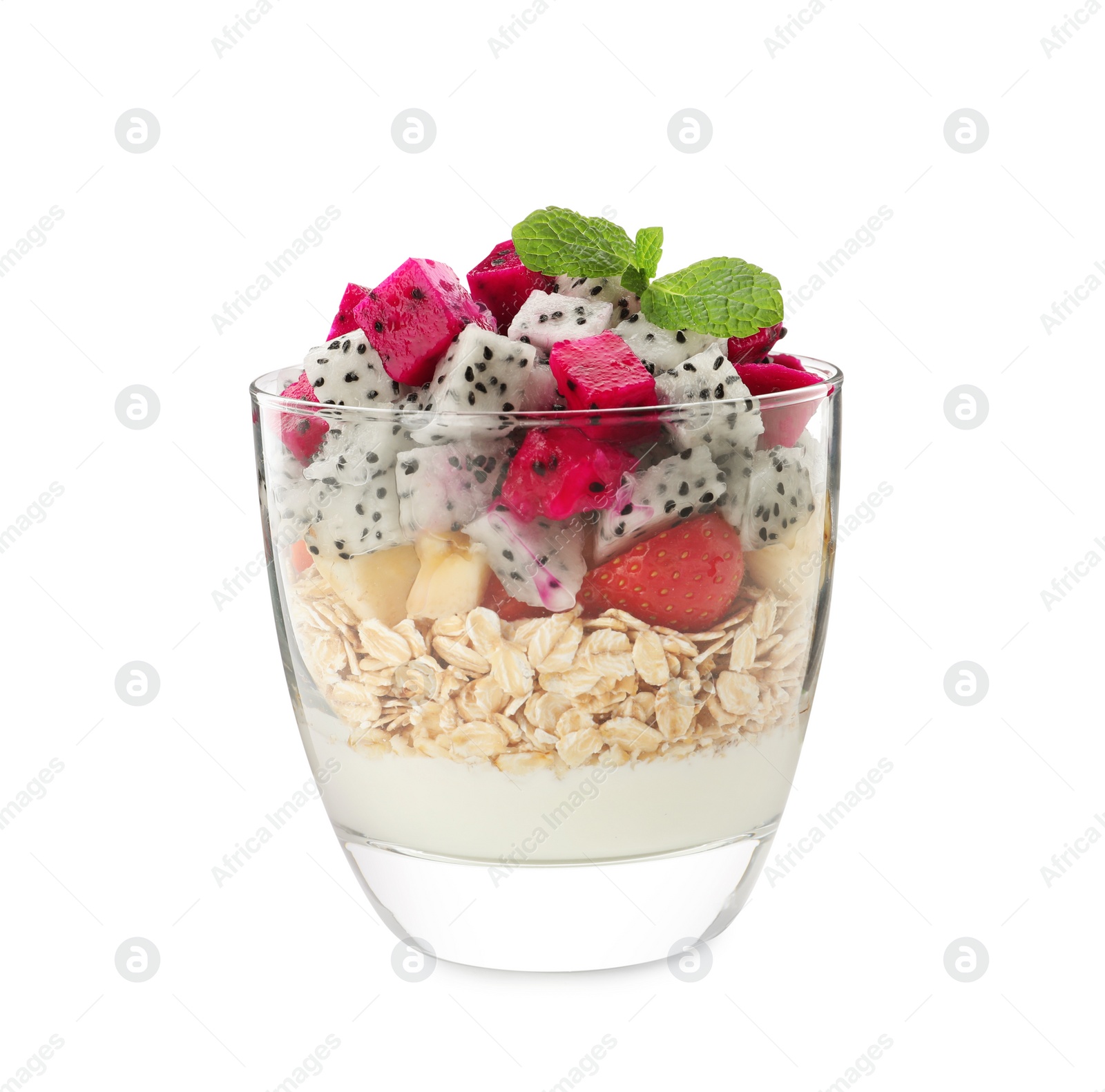 Photo of Glass of granola with different pitahayas, yogurt and mint isolated on white