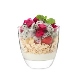 Photo of Glass of granola with different pitahayas, yogurt and mint isolated on white