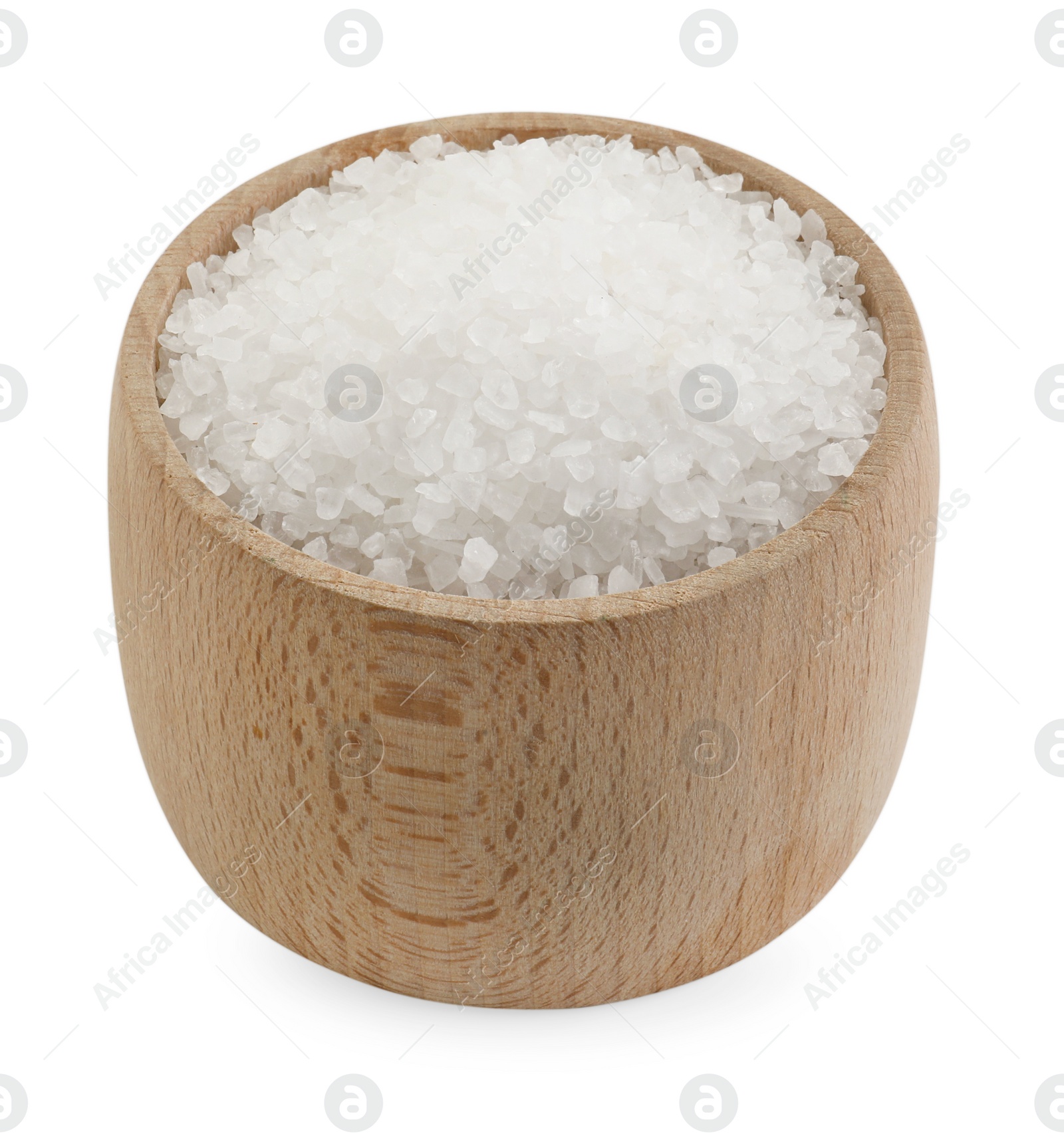 Photo of Natural salt in wooden bowl isolated on white