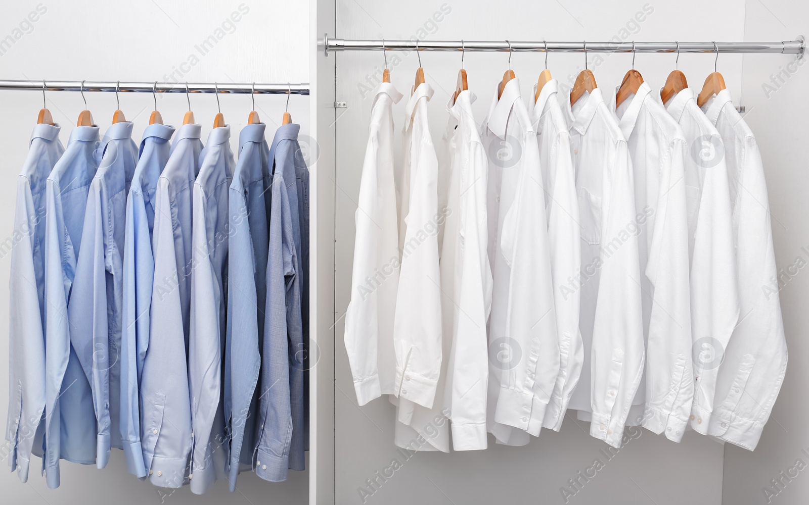 Photo of Racks with clean clothes after dry-cleaning on hangers in wardrobe