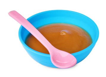 Tasty baby food in bowl and spoon isolated on white