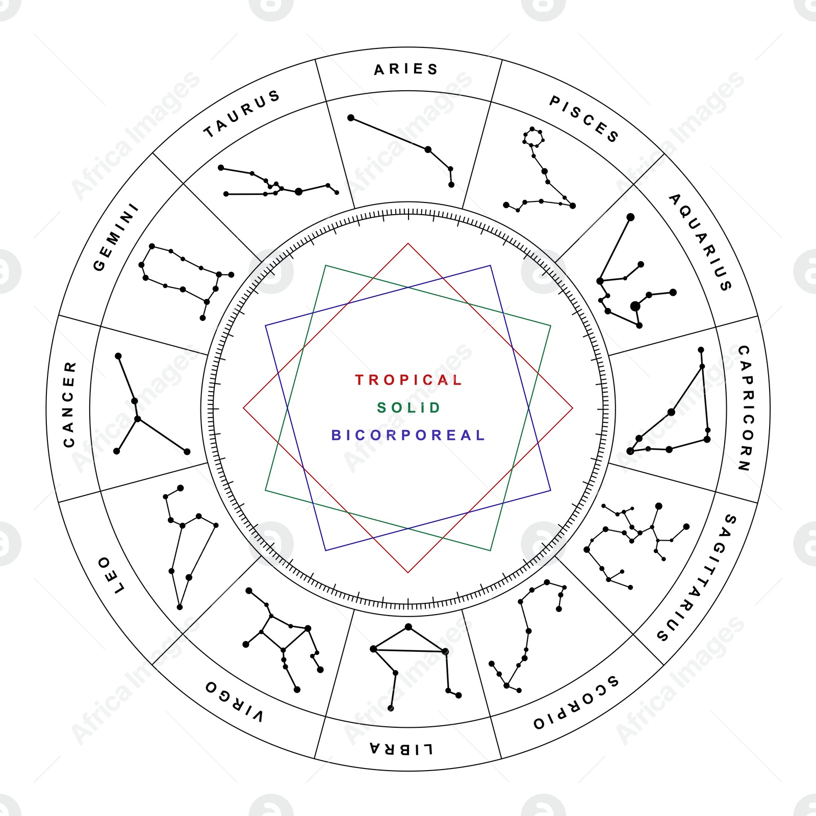 Illustration of Zodiac wheel with signs modalities on white background