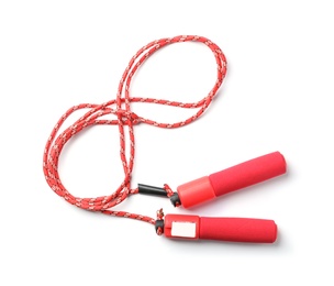 Photo of Jump rope on white background, top view