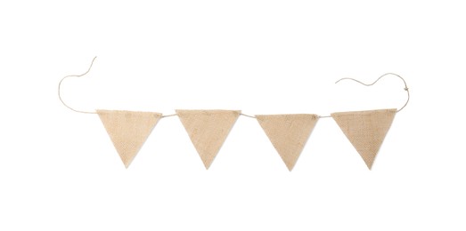 Photo of Bunting with triangular burlap flags isolated on white, top view