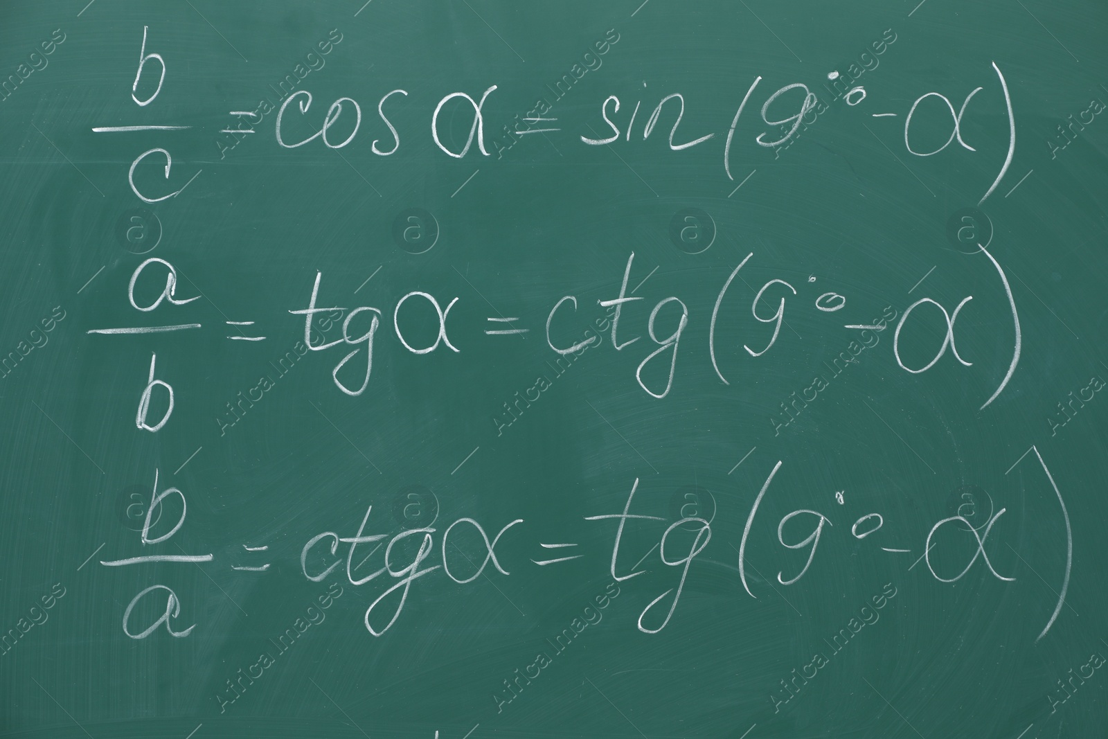 Photo of Many different math formulas written on chalkboard