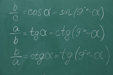 Photo of Many different math formulas written on chalkboard