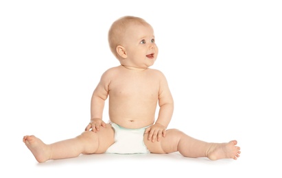 Photo of Cute little baby sitting on white background