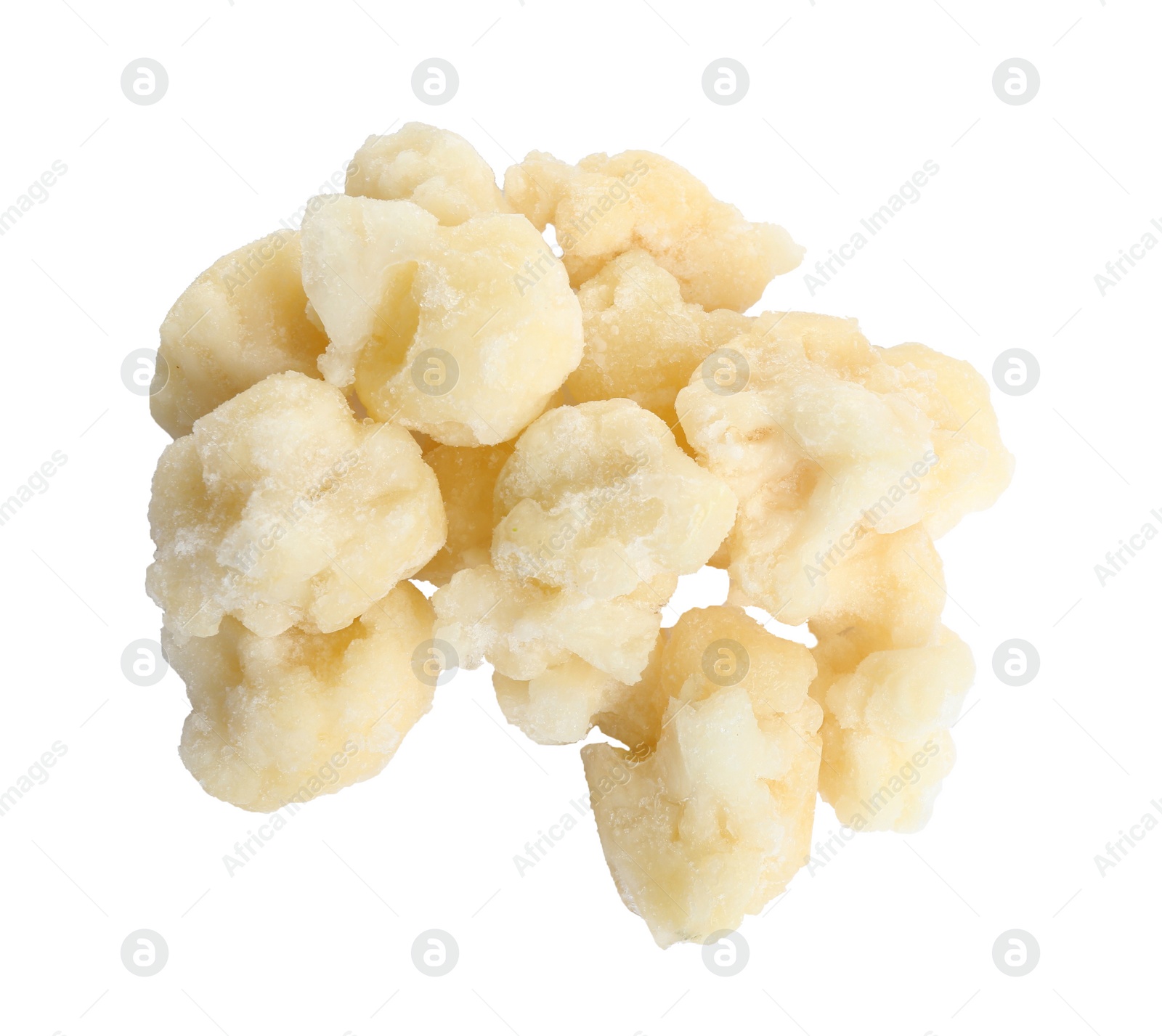 Photo of Frozen cauliflower florets isolated on white, top view. Vegetable preservation