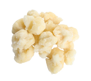 Photo of Frozen cauliflower florets isolated on white, top view. Vegetable preservation