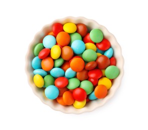 Photo of Bowl with colorful candies isolated on white, top view