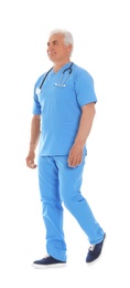 Full length portrait of male doctor in scrubs with stethoscope isolated on white. Medical staff