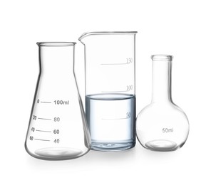 Image of Empty flasks and beaker with water isolated on white