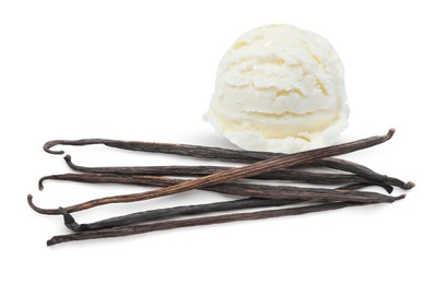 Image of Scoop of tasty ice cream and vanilla pods isolated on white