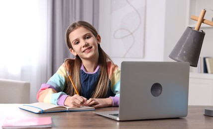 Photo of E-learning. Cute girl taking notes during online lesson at table indoors