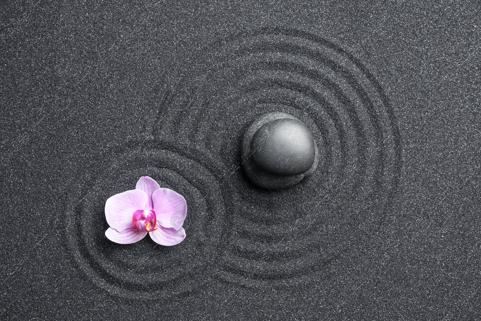 Photo of Stones and orchid flower on black sand with beautiful pattern, flat lay. Zen concept