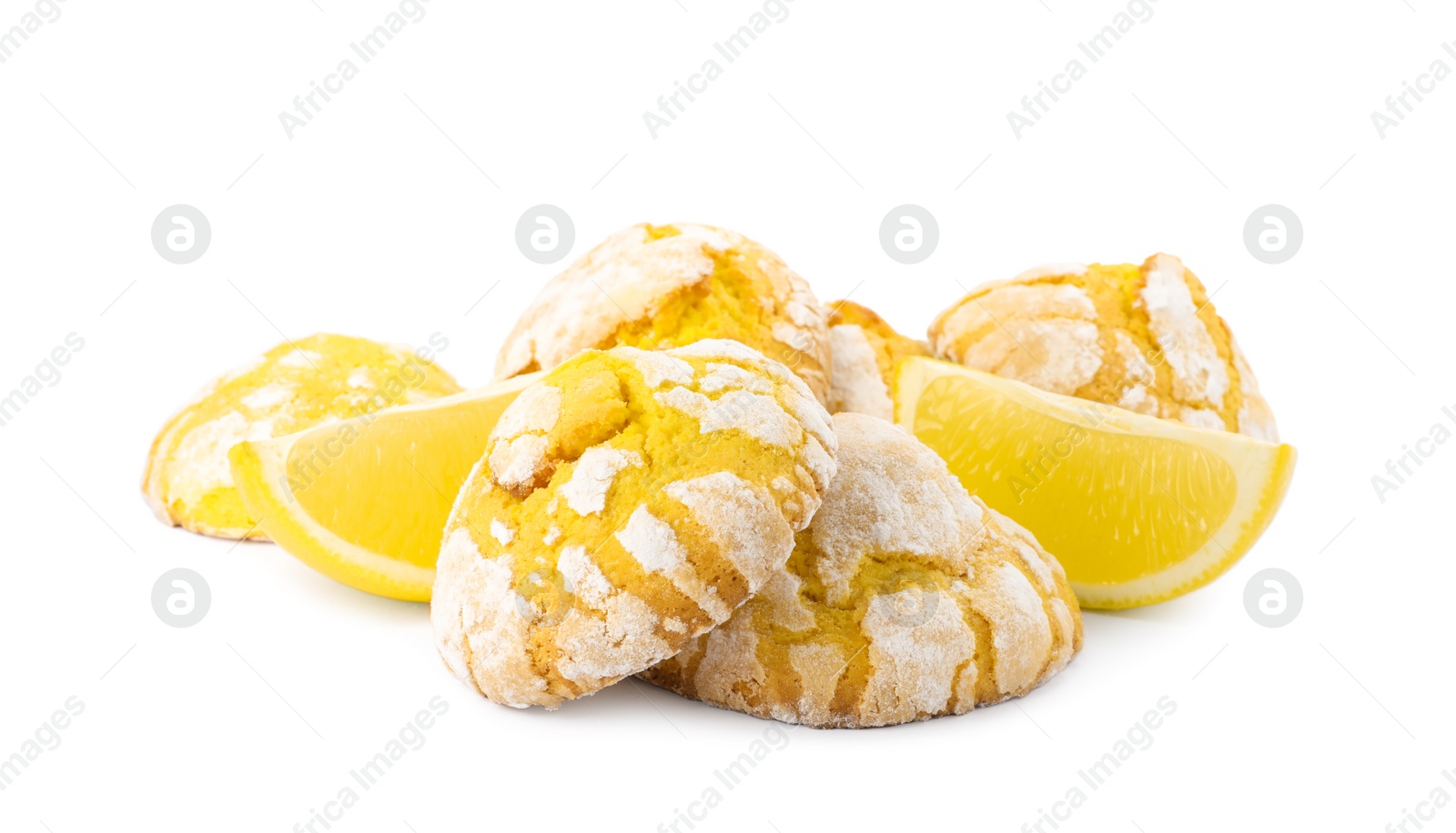 Photo of Tasty homemade lemon cookies and fresh fruit on white background