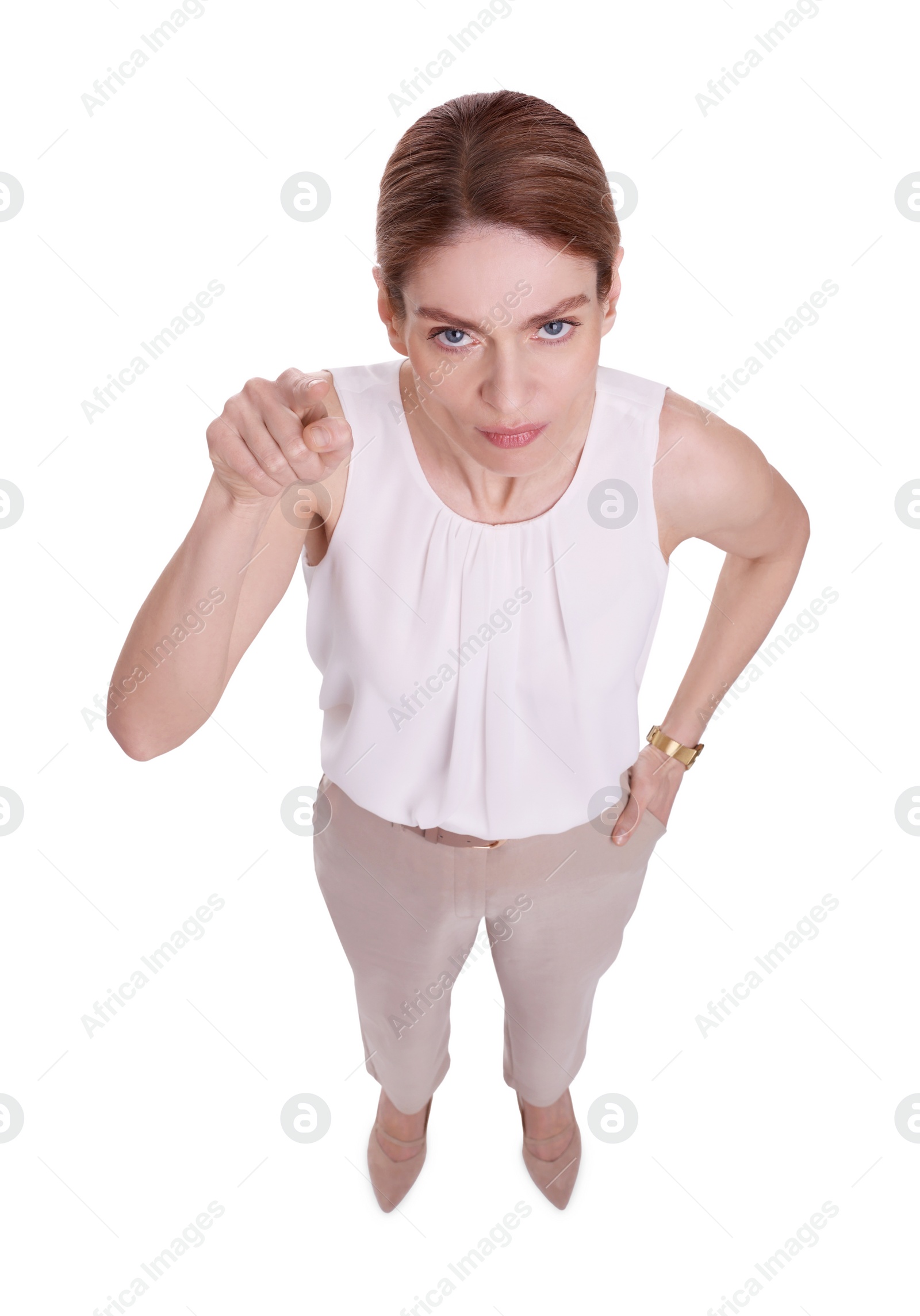 Photo of Emotional businesswoman on white background, above view