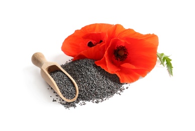 Photo of Pile of poppy seeds, scoop and flowers isolated on white