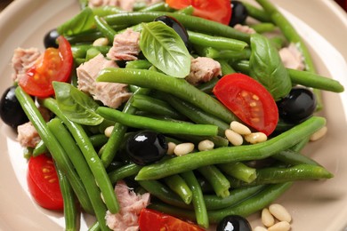 Plate of tasty salad with green beans, closeup